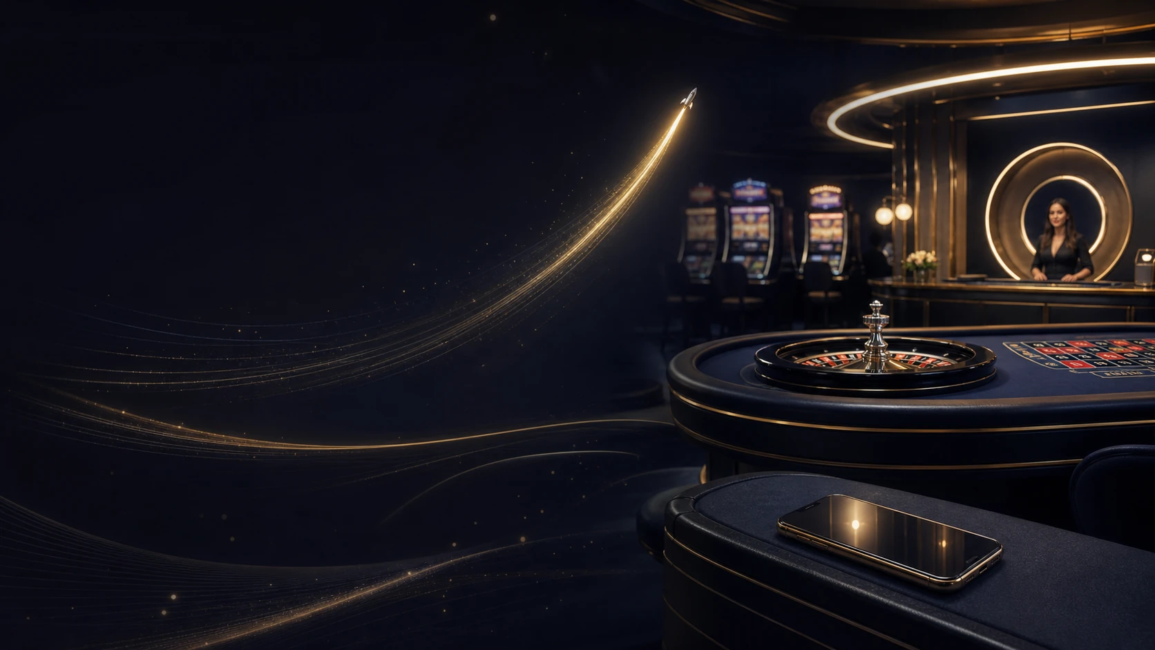 Rocket Casino space-themed lobby and live table overview